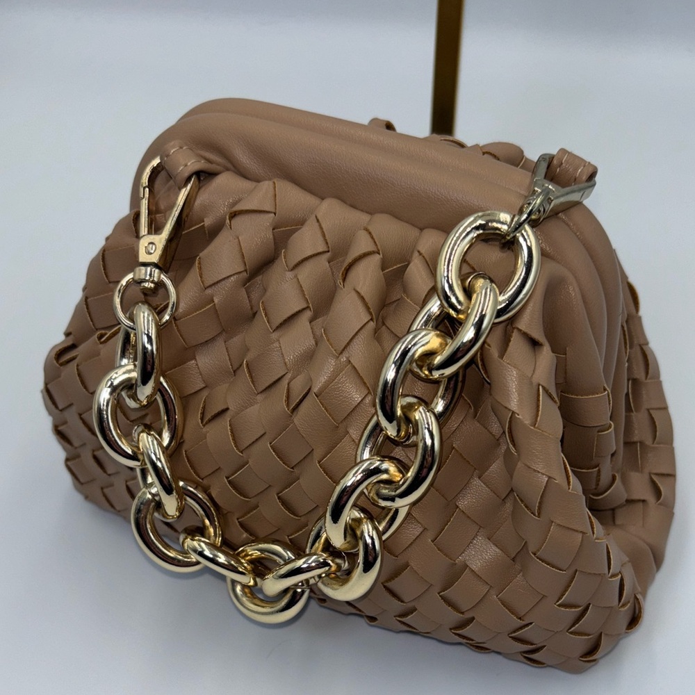 Chic Tan dumpling ruched Woven Clutch with Gold Chain - Picture 7 of 7